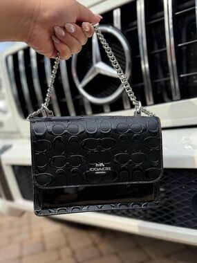 Coach Klare Black Patent Signature Crossbody Bag with Silver Chain